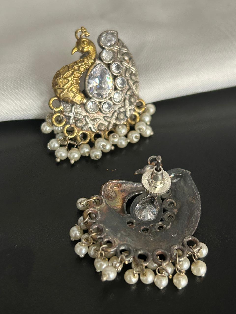 Golden Peacock Earrings with Stones and Pearl Drops